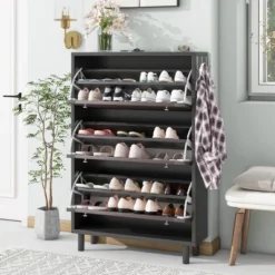 Freestanding Shoe Cabinet With Hooks, 3 Flip Drawers And Adjustable Panels - ModernLuxe