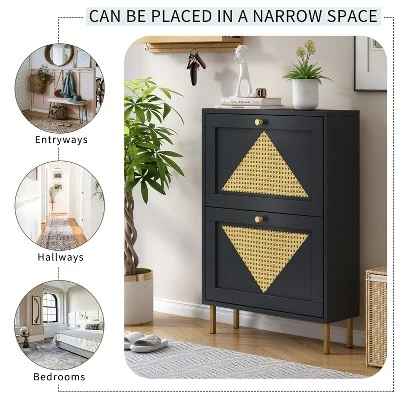 23.6" Rattan Modern Shoe Cabinet With 2 Flap Drawers - ModernLuxe - Image 3