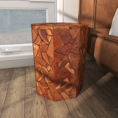 Contemporary Teak Wood Round Accent Table Brown - Olivia & May - Image 9