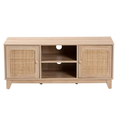 Elsbeth Wood And Natural Rattan 2 Door TV Stand For TVs Up To 40" Light Brown/Natural Brown - Baxton Studio