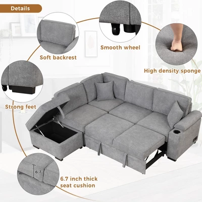87.4" L Shape Sectional Sleeper Sofa Bed, 2 In 1 Pull Out Sofa Couch With Storage Ottoman, Cup Holder And USB Port-ModernLuxe - Image 4