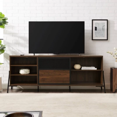 Modern Industrial Metal Mesh Sliding Door TV Stand For TVs Up To 80" Dark Walnut - Saracina Home - Image 2