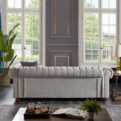 Chesterfield Linen Tufted Nailhead Upholstered Sofa With Wooden Legs - ModernLuxe - Image 3