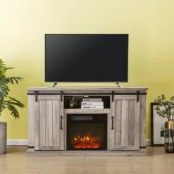 Sliding Doors Electric Fireplace TV Stand For TVs Up To 60" Antique Gray Oak - Home Essentials