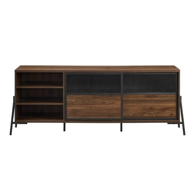 Modern Industrial Metal Mesh Sliding Door TV Stand For TVs Up To 80" Dark Walnut - Saracina Home - Image 4