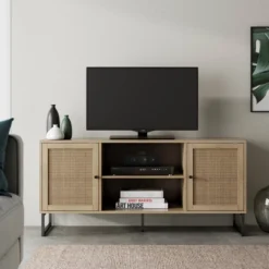 47" Mina Rattan And Wood 2 Door TV Cabinet For TVs Up To 59" Light Oak/Matte Black - Nathan James