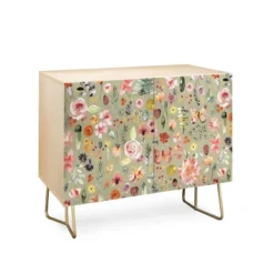 Ninola Design Countryside Colorful Plants Credenza Green/Gold - Deny Designs