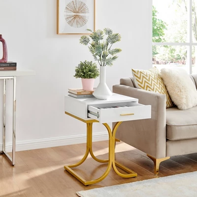 17.75" Rectangular Modern Glam Side Table With Drawer White/Gold - Danya B. - Image 7