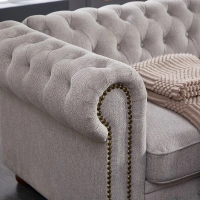 Chesterfield Linen Tufted Nailhead Upholstered Sofa With Wooden Legs - ModernLuxe - Image 9