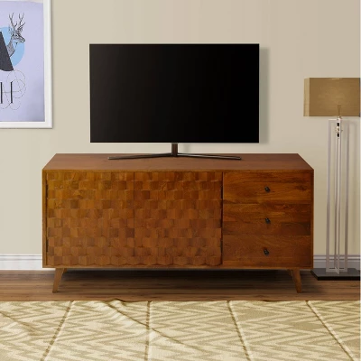 2 Door Honeycomb Design Wooden TV Console With 3 Drawers Walnut Brown - The Urban Port - Image 4