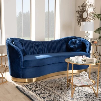 Nevena Velvet Sofa Blue - Baxton Studio - Image 3