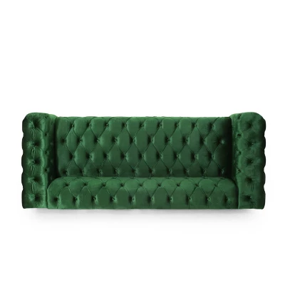 Sagewood Contemporary Velvet Tufted 3 Seater Sofa Emerald/Espresso - Christopher Knight Home - Image 4