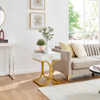 17.75" Rectangular Modern Glam Side Table With Drawer White/Gold - Danya B. - Image 4