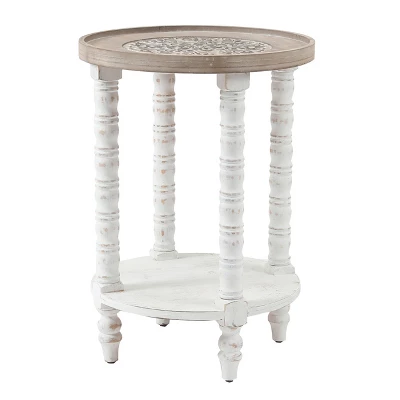 LuxenHome White And Natural Wood Round Accent Side Table With Storage.