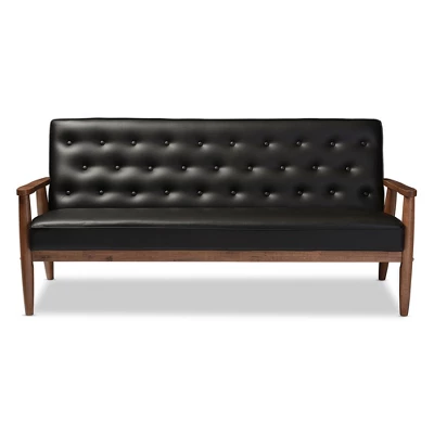 Sorrento Mid-Century Retro Modern Faux Leather Upholstered Wooden 3 Seater Sofa - Baxton Studio