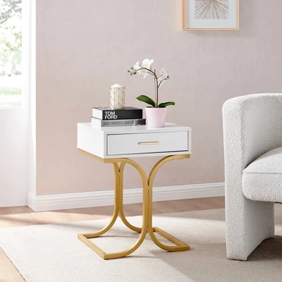 17.75" Rectangular Modern Glam Side Table With Drawer White/Gold - Danya B. - Image 3