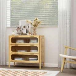 Aash 3-drawer Bamboo Cabinet,30.7 H With 3 Glass Drawer, Storage Cabinet With Drawers For Dining Room, Living Room, Kitchen, Hallway-The Pop Maison