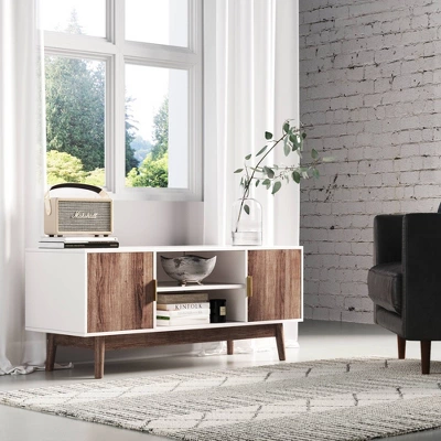 43" Wesley Wood Mid Century 2 Door TV Cabinet For TVs Up To 59" White Warm/Reclaimed Oak - Nathan James - Image 3