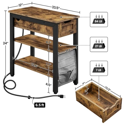 Yaheetech 2 Shelves Narrow End Table With Power Outlets And USB Charging Ports, Rustic Brown - Image 2