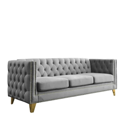 Living Room Modern Velvet Sofa With Button Tufted Square Arms And Metal Legs - ModernLuxe - Image 6