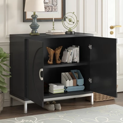 34" Simple Accent Storage Cabinet With Solid Wood Veneer And Metal Leg Frames - ModernLuxe - Image 2