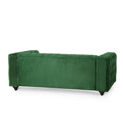 Sagewood Contemporary Velvet Tufted 3 Seater Sofa Emerald/Espresso - Christopher Knight Home - Image 2